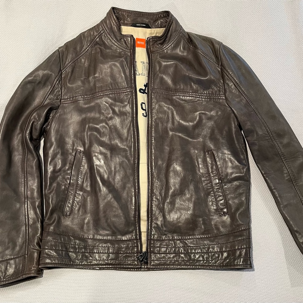 Boss Brown/Gray Lambskin Lightweight Jacket with Vintage Appeal